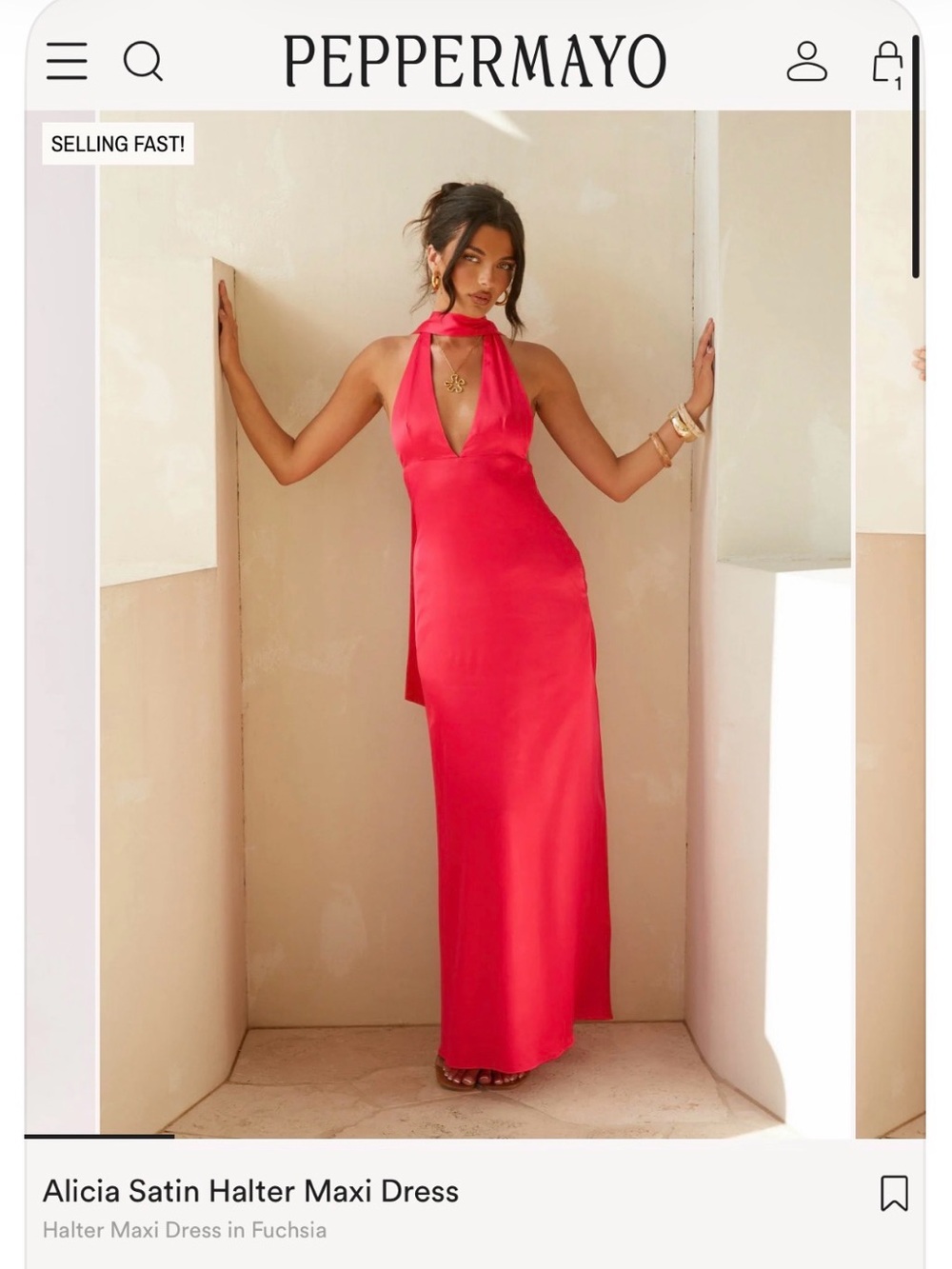 Peppermayo Alicia Satin Halter Maxi Dress - Fuchsia Pink